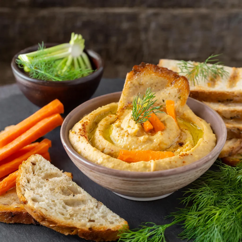 bol de houmous avec des tranches de pain et des bâtonnets de carottes et de fenouil