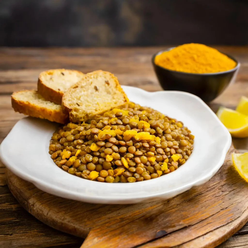 plat de lentilles au curcuma et croûtons