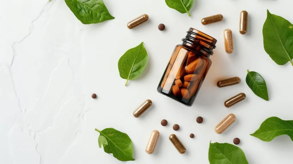 médicaments et feuilles sur la table