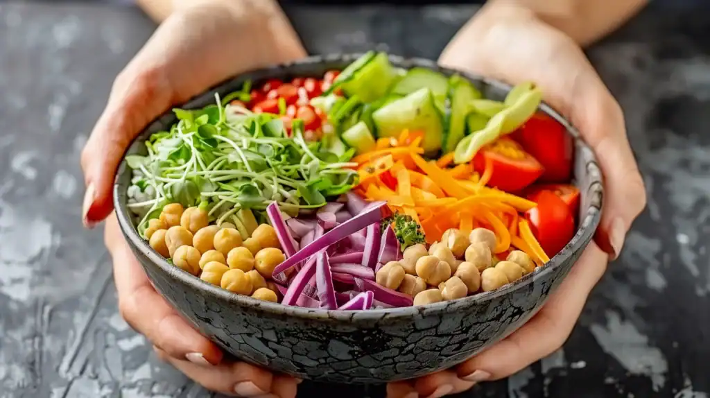 Mains tenant un bol de légumes colorés : pois chiches, carottes râpées, chou rouge, tomates, concombre, pousses vertes et grenade, dans un bol en céramique grise