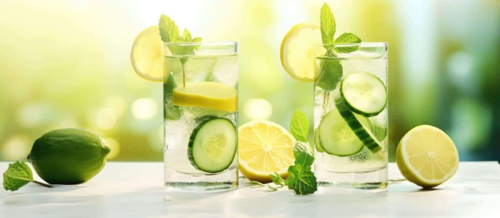 Deux verres d'eau détox au concombre, citron et menthe fraîche, sur fond vert lumineux et flou