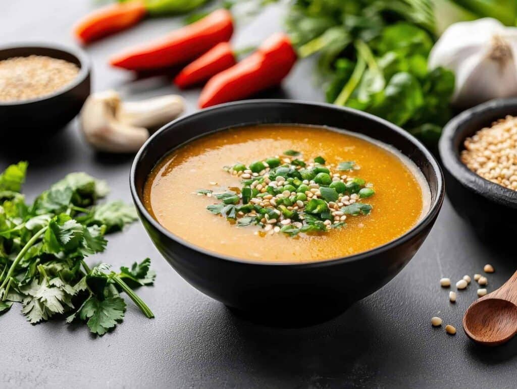 Velouté de légumes antispreco dans bol noir avec poivrons, broccoli et herbes fraîches